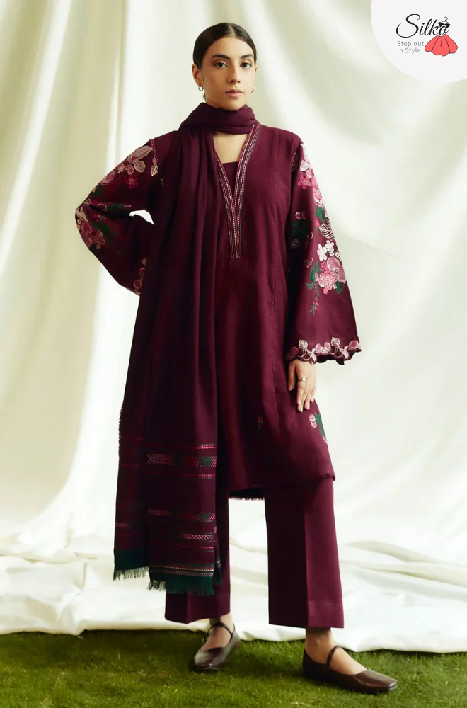 3 Piece - Embroidered Dhanak Zara Shahjhan Suit | COCO - 802 (Mehron)