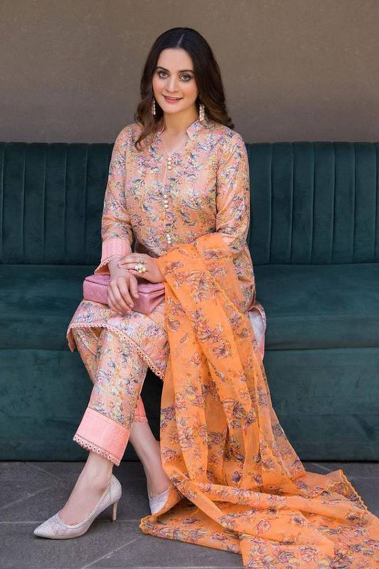 Aiman Closet AC-03 Peach Printed Airjet Viscous Silk Three Piece